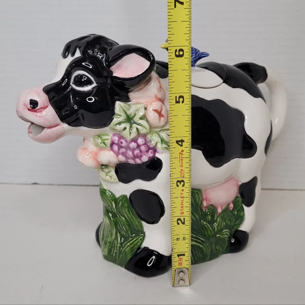 Black White Holstein Cow Teapot with Blue Bird on Back Vintage Wangs Intl Cerami